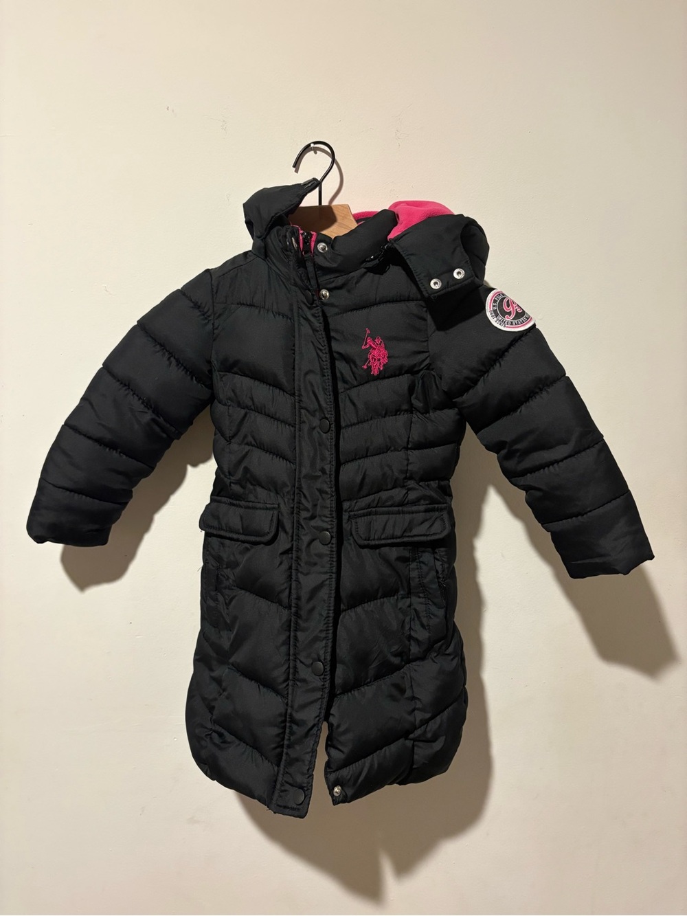 U.S. Polo Assn. Black Puffer Coat with Pink Logo Accent